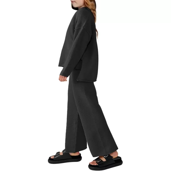 Haloumoning Girls 2 Piece Outfit Set Long Sleeve Button Knit Pullover Sweater Top and Wide Leg Pants Sweatsuit 5-14 Years