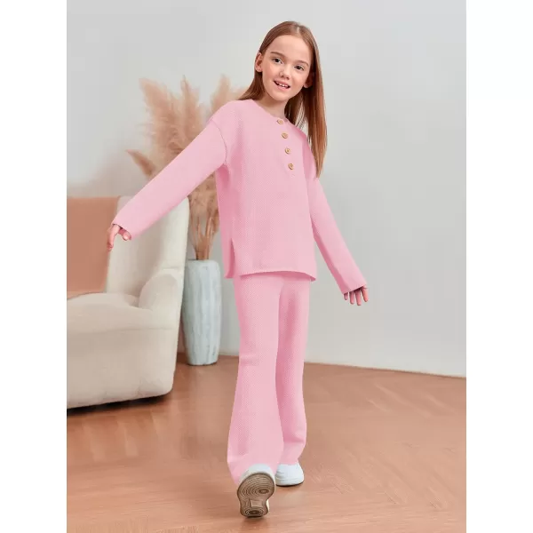 Haloumoning Girls 2 Piece Outfit Set Long Sleeve Button Knit Pullover Sweater Top and Wide Leg Pants Sweatsuit 5-14 Years