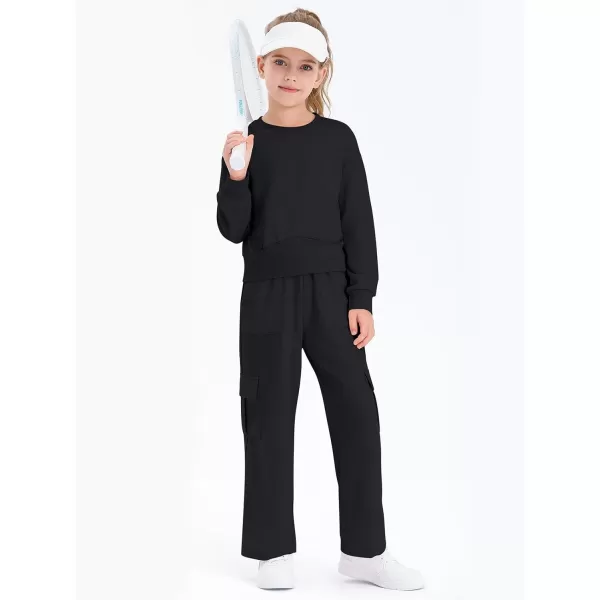 Haloumoning Girls 2 Piece Outfits Kids Fashion Long Sleeve Crop Tops Sweatshirt Wide Leg Cargo Pants Set