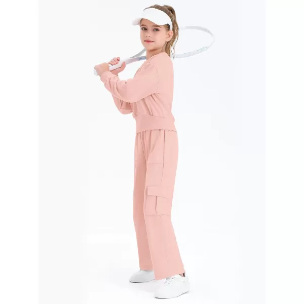 Haloumoning Girls 2 Piece Outfits Kids Fashion Long Sleeve Crop Tops Sweatshirt Wide Leg Cargo Pants Set