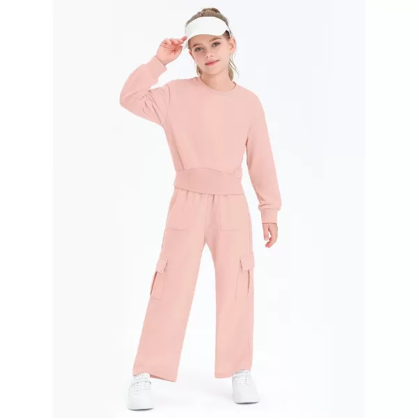 Haloumoning Girls 2 Piece Outfits Kids Fashion Long Sleeve Crop Tops Sweatshirt Wide Leg Cargo Pants Set