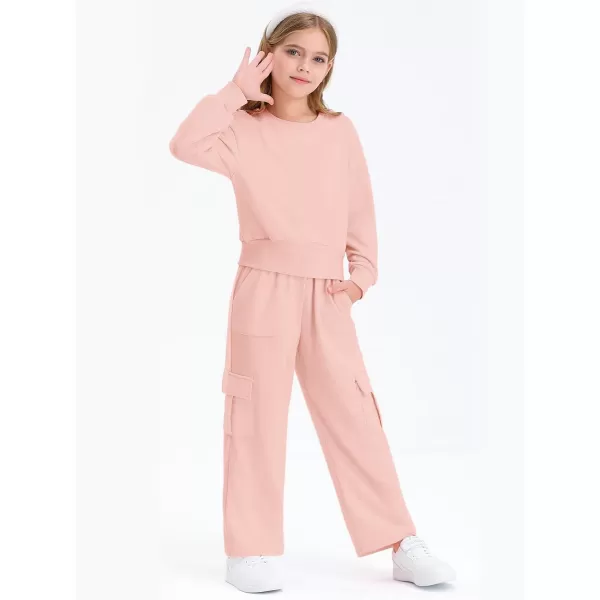Haloumoning Girls 2 Piece Outfits Kids Fashion Long Sleeve Crop Tops Sweatshirt Wide Leg Cargo Pants Set