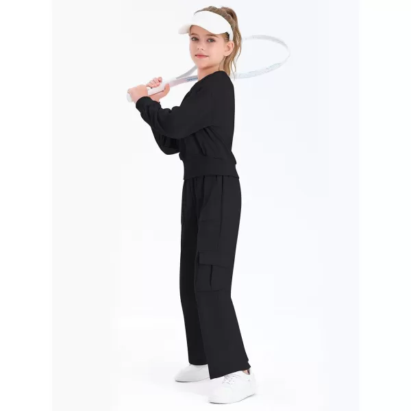 Haloumoning Girls 2 Piece Outfits Kids Fashion Long Sleeve Crop Tops Sweatshirt Wide Leg Cargo Pants Set