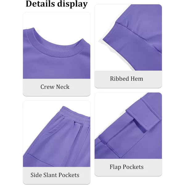 Haloumoning Girls 2 Piece Outfits Kids Fashion Long Sleeve Crop Tops Sweatshirt Wide Leg Cargo Pants Set