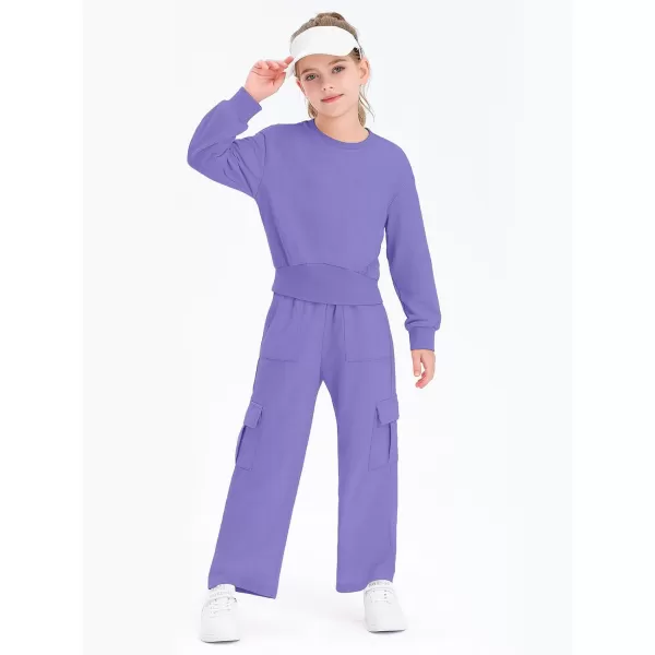 Haloumoning Girls 2 Piece Outfits Kids Fashion Long Sleeve Crop Tops Sweatshirt Wide Leg Cargo Pants Set
