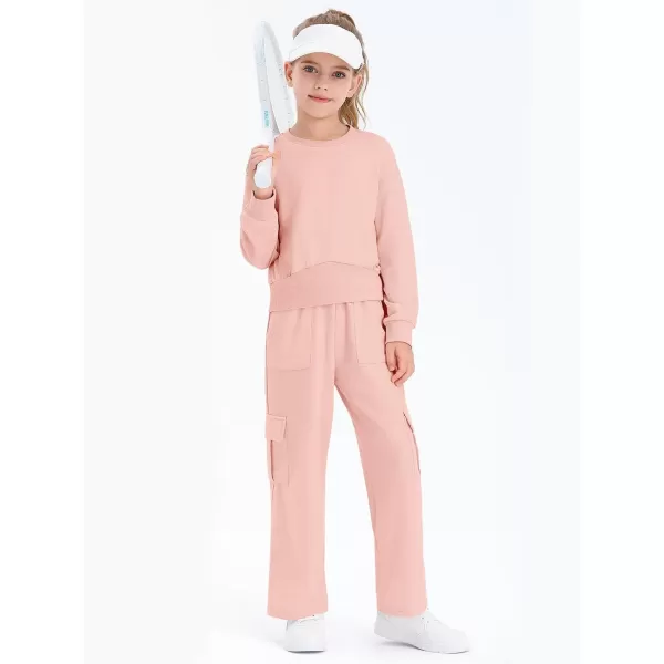 Haloumoning Girls 2 Piece Outfits Kids Fashion Long Sleeve Crop Tops Sweatshirt Wide Leg Cargo Pants Set