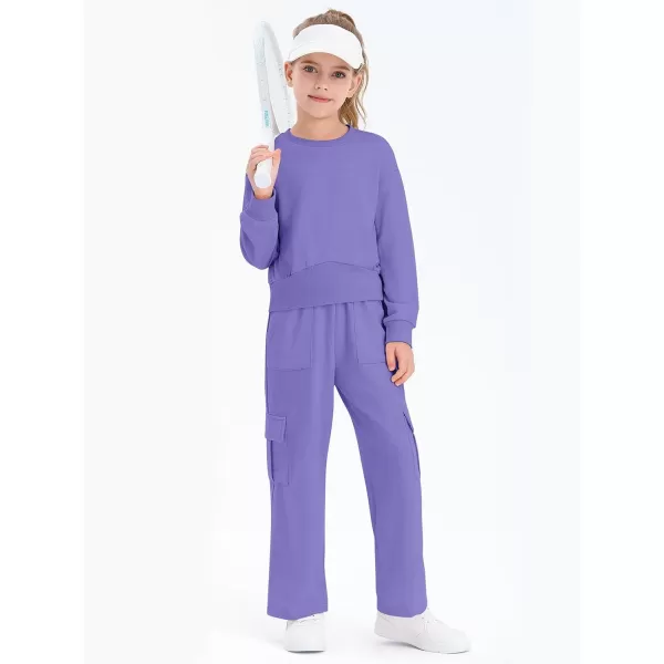 Haloumoning Girls 2 Piece Outfits Kids Fashion Long Sleeve Crop Tops Sweatshirt Wide Leg Cargo Pants Set