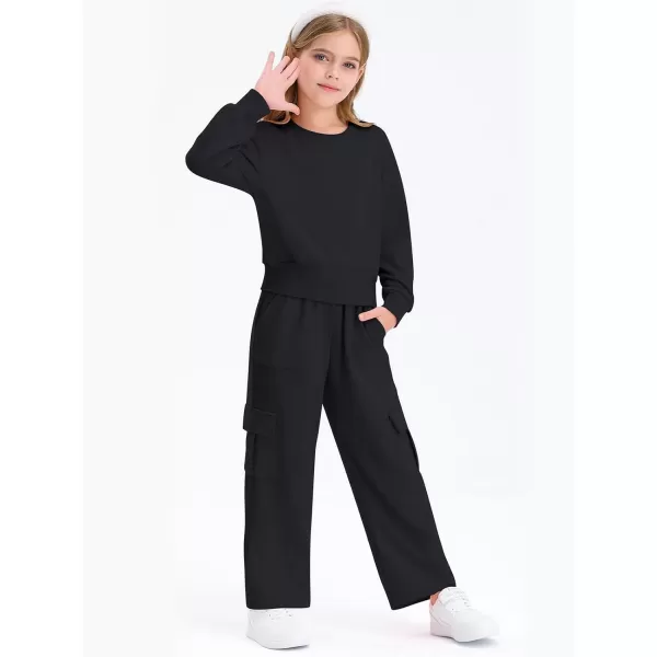 Haloumoning Girls 2 Piece Outfits Kids Fashion Long Sleeve Crop Tops Sweatshirt Wide Leg Cargo Pants Set