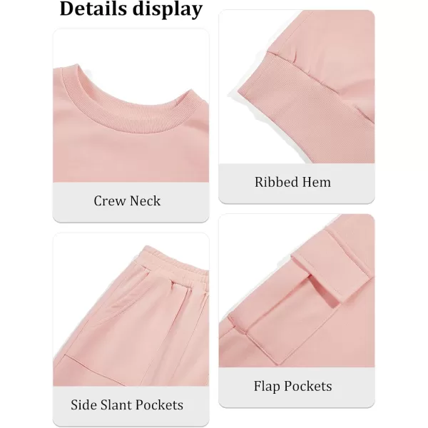 Haloumoning Girls 2 Piece Outfits Kids Fashion Long Sleeve Crop Tops Sweatshirt Wide Leg Cargo Pants Set