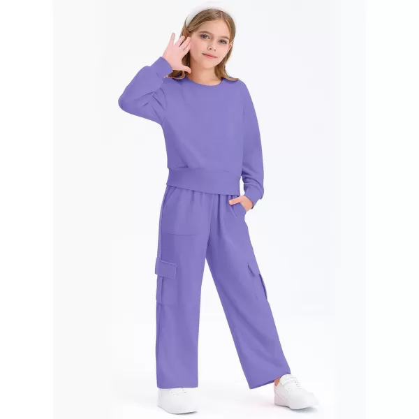 Haloumoning Girls 2 Piece Outfits Kids Fashion Long Sleeve Crop Tops Sweatshirt Wide Leg Cargo Pants Set