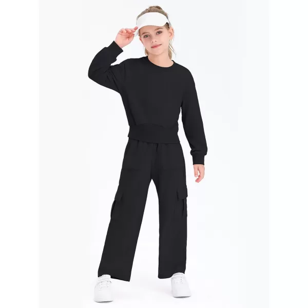 Haloumoning Girls 2 Piece Outfits Kids Fashion Long Sleeve Crop Tops Sweatshirt Wide Leg Cargo Pants Set