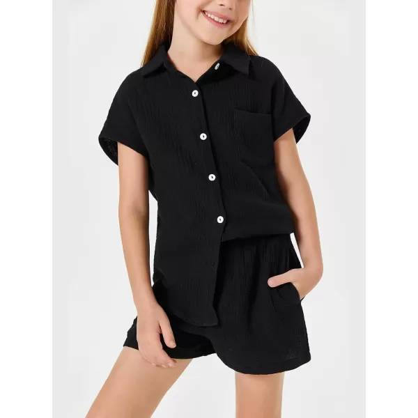 Haloumoning Girls 2 Piece Outfits Kids Fashion Short Sleeve Button Down Oversized Shirts And Shorts Set 5-14 Years