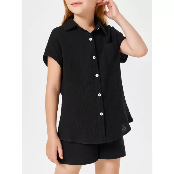 Haloumoning Girls 2 Piece Outfits Kids Fashion Short Sleeve Button Down Oversized Shirts And Shorts Set 5-14 Years