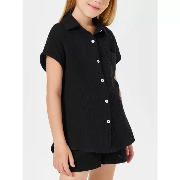 Haloumoning Girls 2 Piece Outfits Kids Fashion Short Sleeve Button Down Oversized Shirts And Shorts Set 5-14 Years