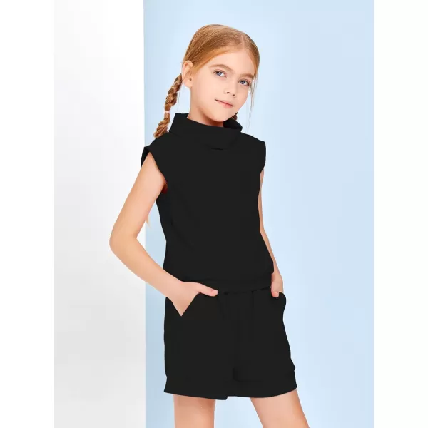 Haloumoning Girls 2 Piece Outfits Kids Fashion Turtleneck Sleeveless Tank Tops High Waist Shorts with Pockets