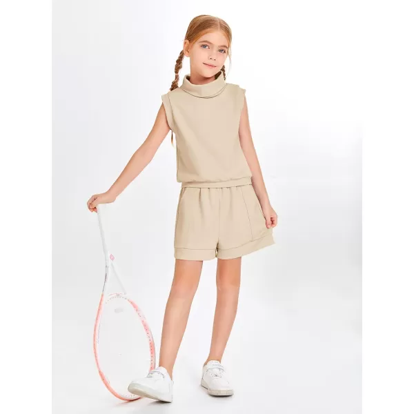 Haloumoning Girls 2 Piece Outfits Kids Fashion Turtleneck Sleeveless Tank Tops High Waist Shorts with Pockets