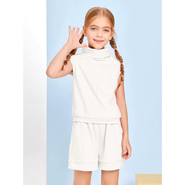 Haloumoning Girls 2 Piece Outfits Kids Fashion Turtleneck Sleeveless Tank Tops High Waist Shorts with Pockets