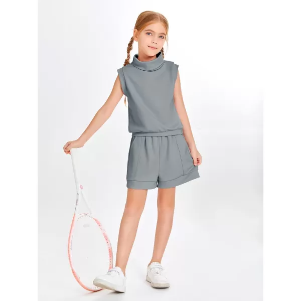 Haloumoning Girls 2 Piece Outfits Kids Fashion Turtleneck Sleeveless Tank Tops High Waist Shorts with Pockets