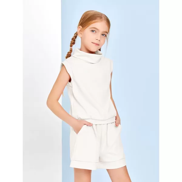 Haloumoning Girls 2 Piece Outfits Kids Fashion Turtleneck Sleeveless Tank Tops High Waist Shorts with Pockets