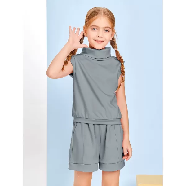Haloumoning Girls 2 Piece Outfits Kids Fashion Turtleneck Sleeveless Tank Tops High Waist Shorts with Pockets