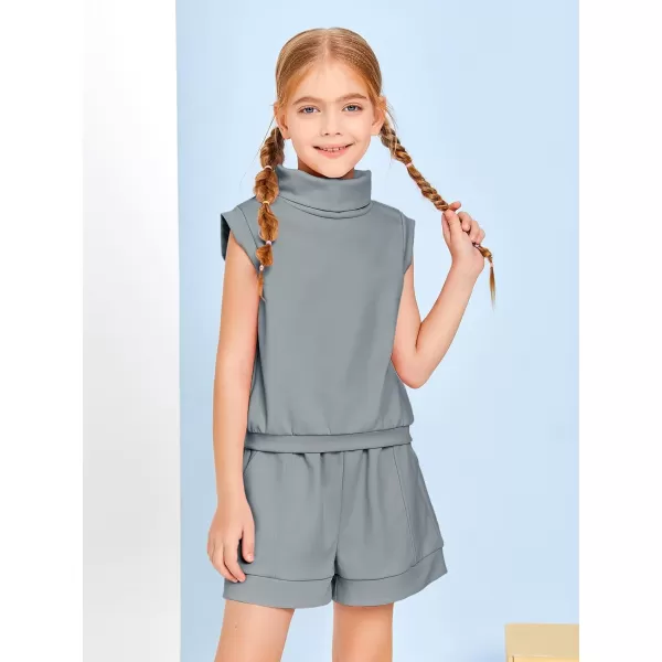 Haloumoning Girls 2 Piece Outfits Kids Fashion Turtleneck Sleeveless Tank Tops High Waist Shorts with Pockets