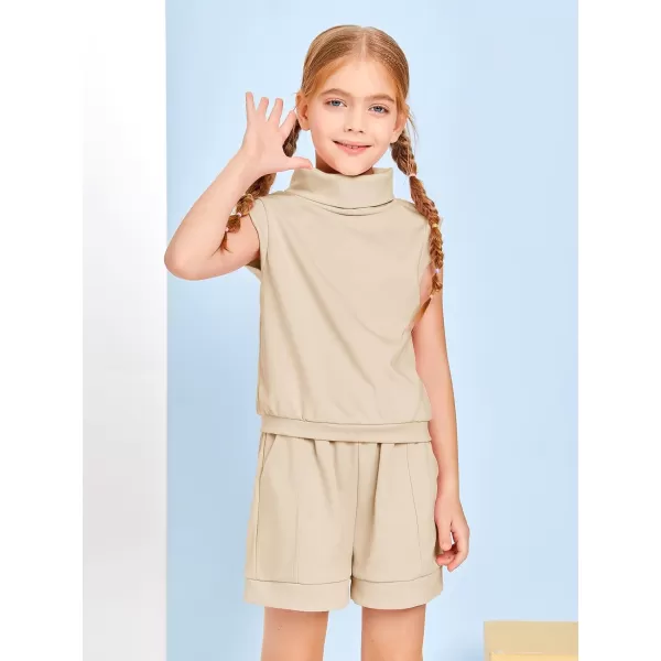 Haloumoning Girls 2 Piece Outfits Kids Fashion Turtleneck Sleeveless Tank Tops High Waist Shorts with Pockets