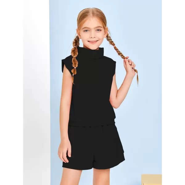 Haloumoning Girls 2 Piece Outfits Kids Fashion Turtleneck Sleeveless Tank Tops High Waist Shorts with Pockets