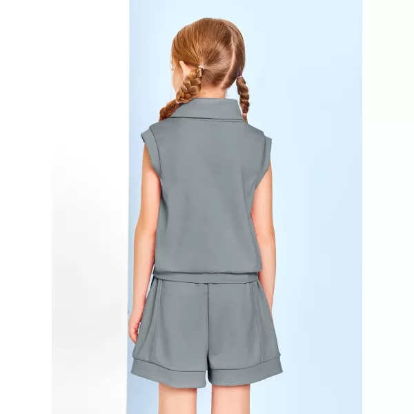 Haloumoning Girls 2 Piece Outfits Kids Fashion Turtleneck Sleeveless Tank Tops High Waist Shorts with Pockets