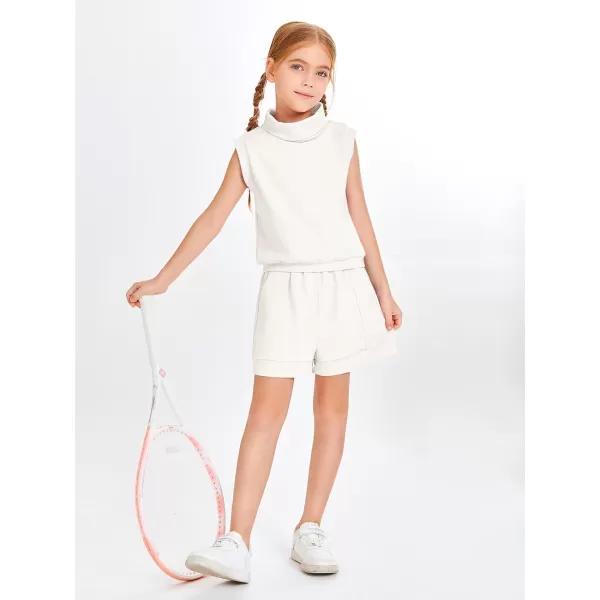 Haloumoning Girls 2 Piece Outfits Kids Fashion Turtleneck Sleeveless Tank Tops High Waist Shorts with Pockets
