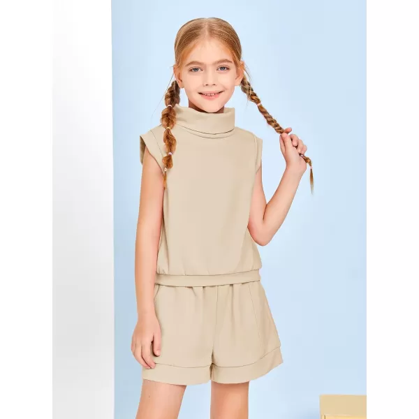 Haloumoning Girls 2 Piece Outfits Kids Fashion Turtleneck Sleeveless Tank Tops High Waist Shorts with Pockets
