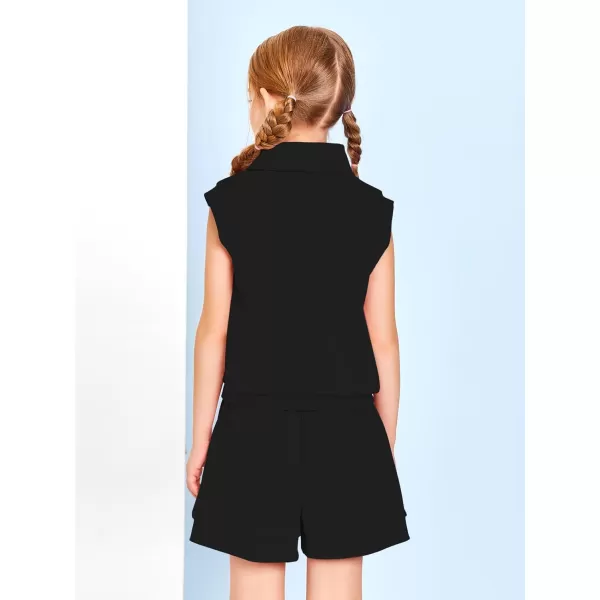 Haloumoning Girls 2 Piece Outfits Kids Fashion Turtleneck Sleeveless Tank Tops High Waist Shorts with Pockets