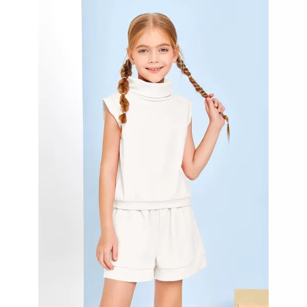 Haloumoning Girls 2 Piece Outfits Kids Fashion Turtleneck Sleeveless Tank Tops High Waist Shorts with Pockets