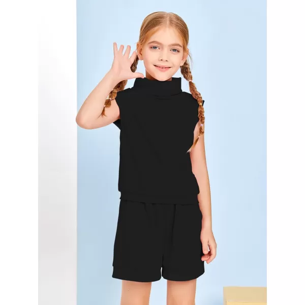 Haloumoning Girls 2 Piece Outfits Kids Fashion Turtleneck Sleeveless Tank Tops High Waist Shorts with Pockets