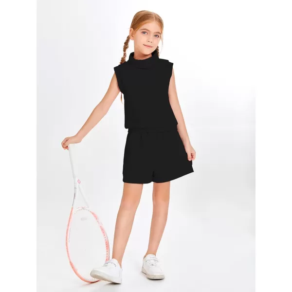 Haloumoning Girls 2 Piece Outfits Kids Fashion Turtleneck Sleeveless Tank Tops High Waist Shorts with Pockets