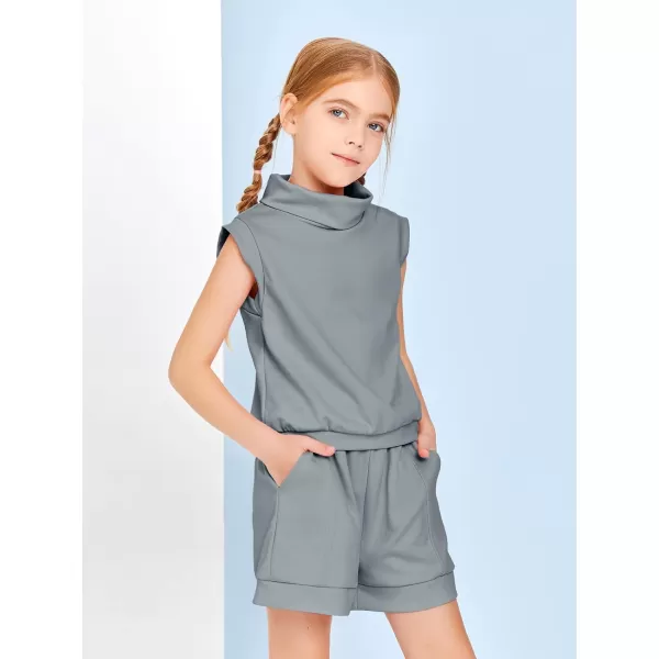 Haloumoning Girls 2 Piece Outfits Kids Fashion Turtleneck Sleeveless Tank Tops High Waist Shorts with Pockets