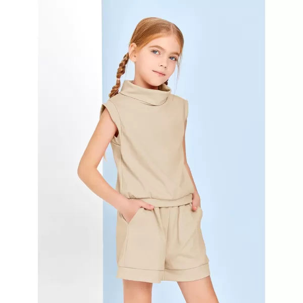 Haloumoning Girls 2 Piece Outfits Kids Fashion Turtleneck Sleeveless Tank Tops High Waist Shorts with Pockets