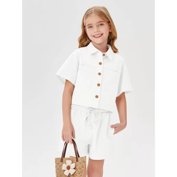 Haloumoning Girls 2 Piece Outfits Short Sleeve Button Down Shirts and High Waist Short Sets 5-14 Years