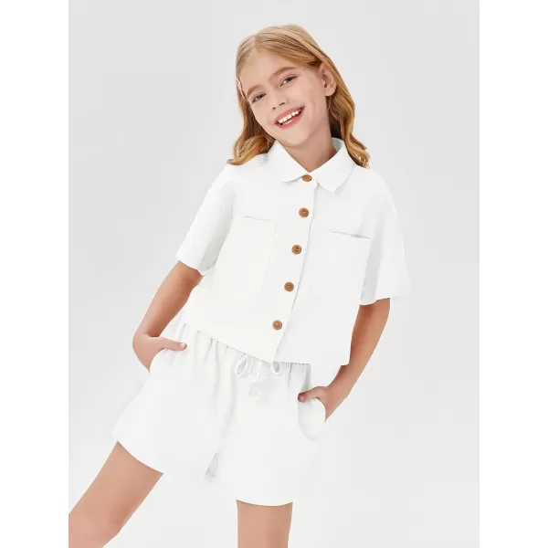 Haloumoning Girls 2 Piece Outfits Short Sleeve Button Down Shirts and High Waist Short Sets 5-14 Years
