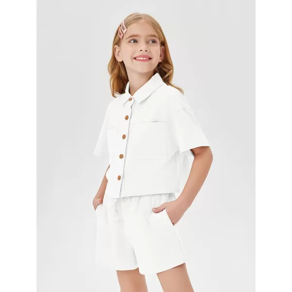 Haloumoning Girls 2 Piece Outfits Short Sleeve Button Down Shirts and High Waist Short Sets 5-14 Years