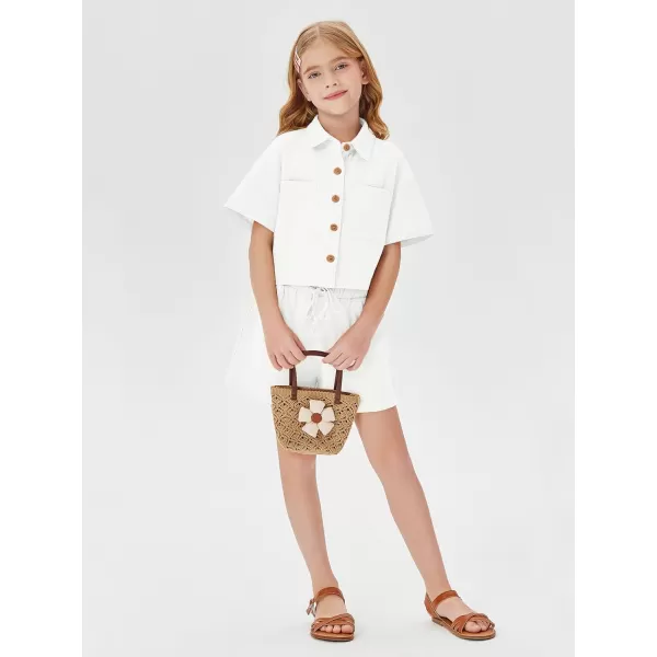 Haloumoning Girls 2 Piece Outfits Short Sleeve Button Down Shirts and High Waist Short Sets 5-14 Years
