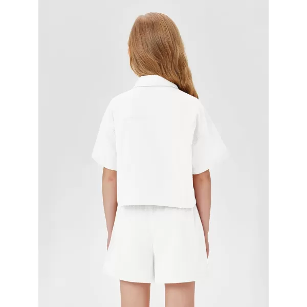 Haloumoning Girls 2 Piece Outfits Short Sleeve Button Down Shirts and High Waist Short Sets 5-14 Years