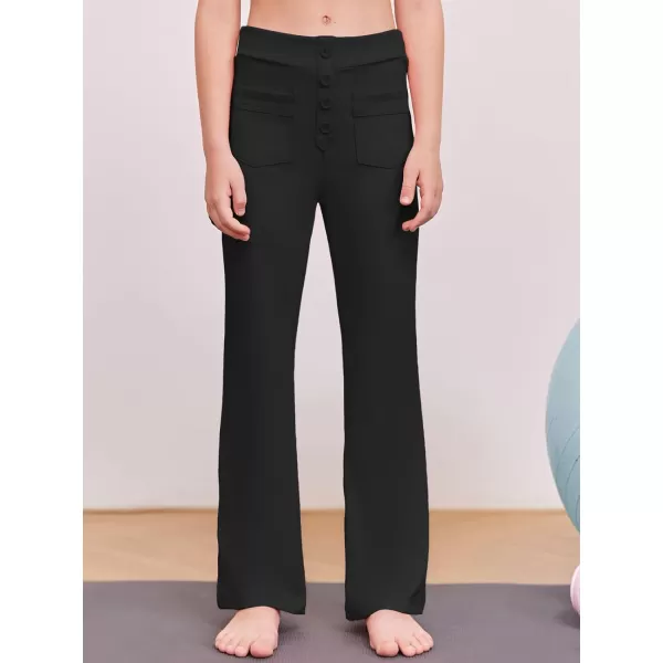Haloumoning Girl's Flare Pants Kids High Waisted Button Multiple Pockets Yoga Bootcut Pants Full Length Bell Bottoms