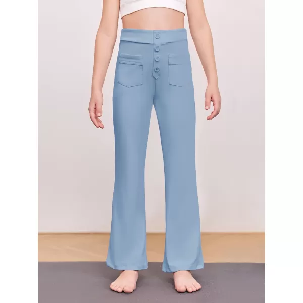 Haloumoning Girl's Flare Pants Kids High Waisted Button Multiple Pockets Yoga Bootcut Pants Full Length Bell Bottoms
