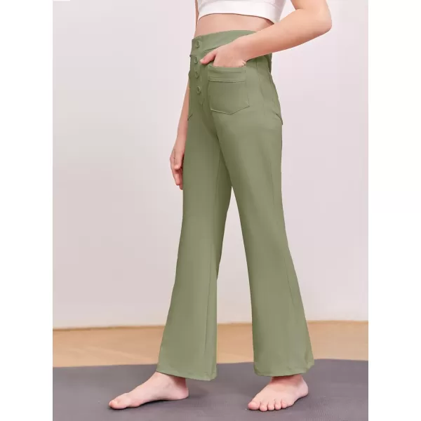Haloumoning Girl's Flare Pants Kids High Waisted Button Multiple Pockets Yoga Bootcut Pants Full Length Bell Bottoms