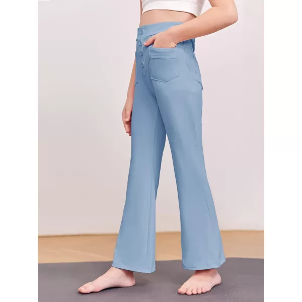 Haloumoning Girl's Flare Pants Kids High Waisted Button Multiple Pockets Yoga Bootcut Pants Full Length Bell Bottoms