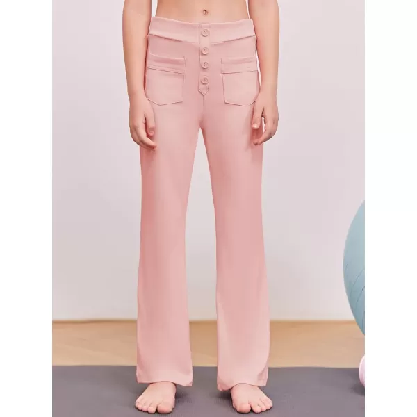 Haloumoning Girl's Flare Pants Kids High Waisted Button Multiple Pockets Yoga Bootcut Pants Full Length Bell Bottoms