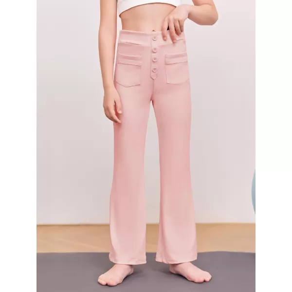 Haloumoning Girl's Flare Pants Kids High Waisted Button Multiple Pockets Yoga Bootcut Pants Full Length Bell Bottoms