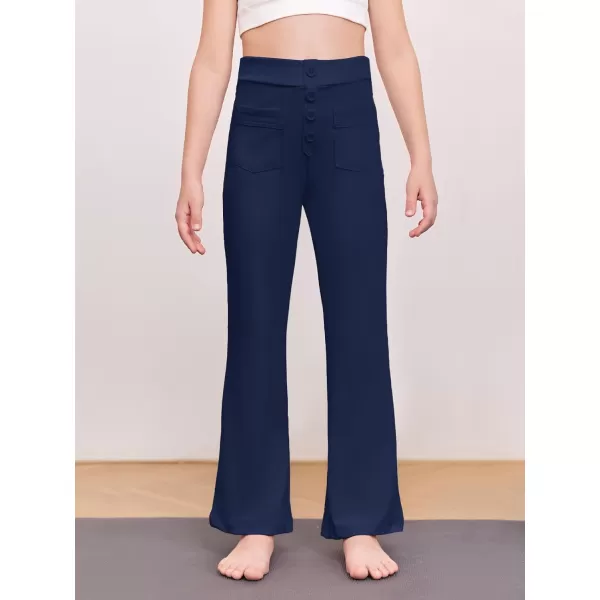 Haloumoning Girl's Flare Pants Kids High Waisted Button Multiple Pockets Yoga Bootcut Pants Full Length Bell Bottoms