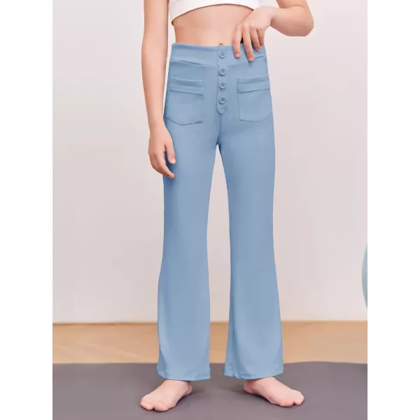 Haloumoning Girl's Flare Pants Kids High Waisted Button Multiple Pockets Yoga Bootcut Pants Full Length Bell Bottoms