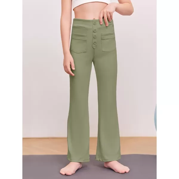 Haloumoning Girl's Flare Pants Kids High Waisted Button Multiple Pockets Yoga Bootcut Pants Full Length Bell Bottoms